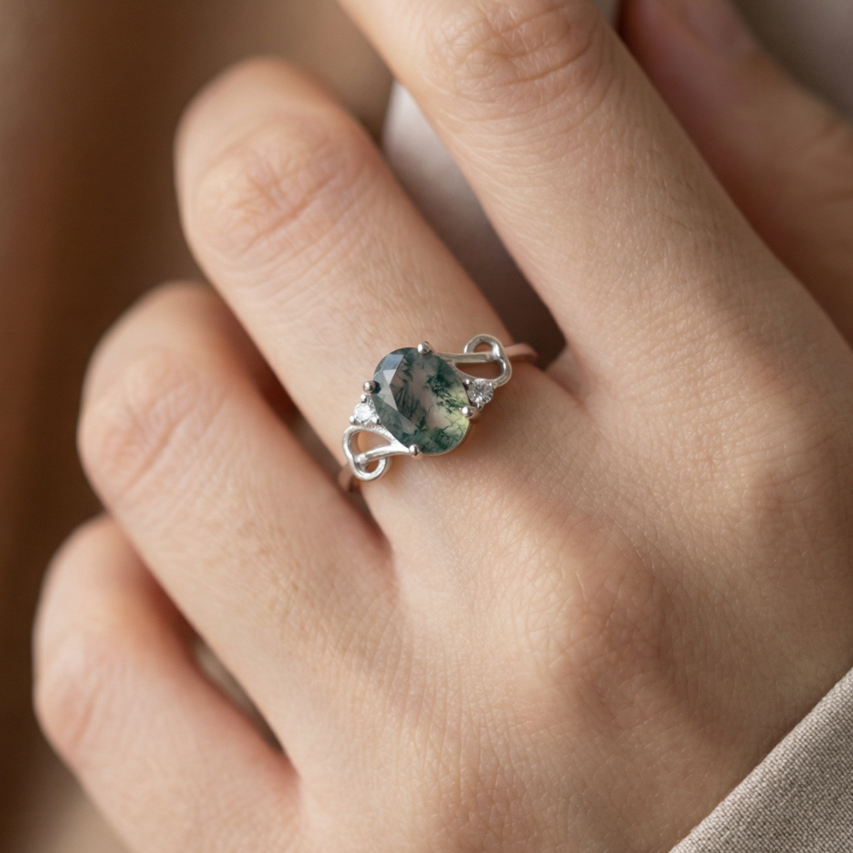 Moss Agate Rounded Crystal Ring