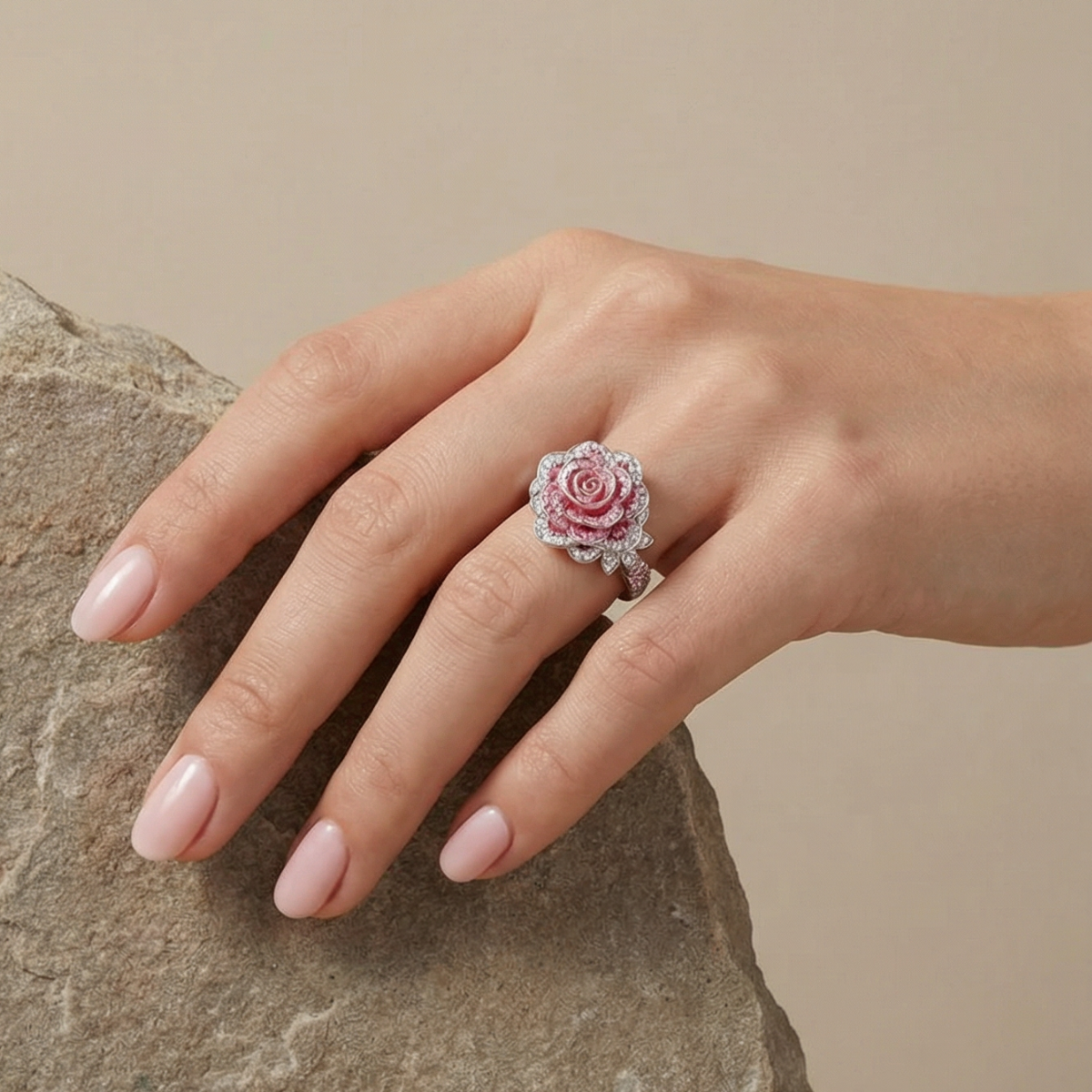 Exotic Silver-Plated Ring with Pink Flowers