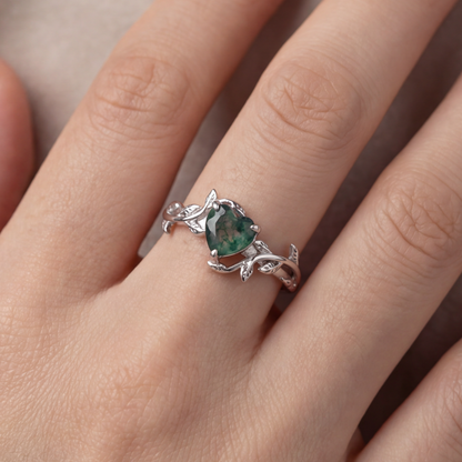 Moss Agate Heart Silver Ring