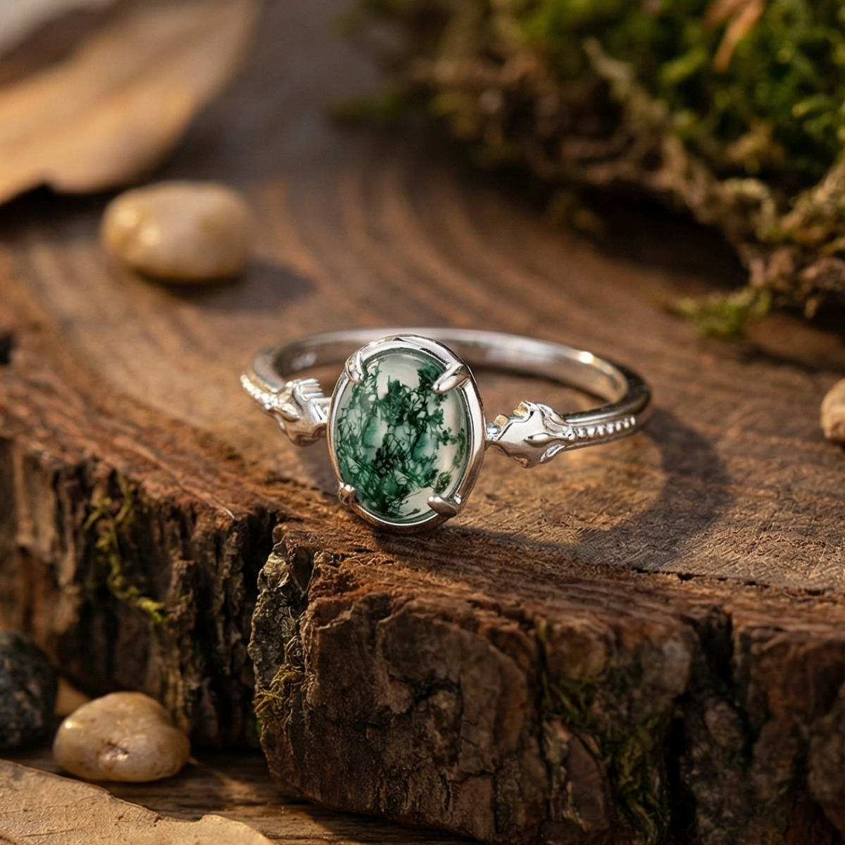 Moss Agate Round Stone Ring