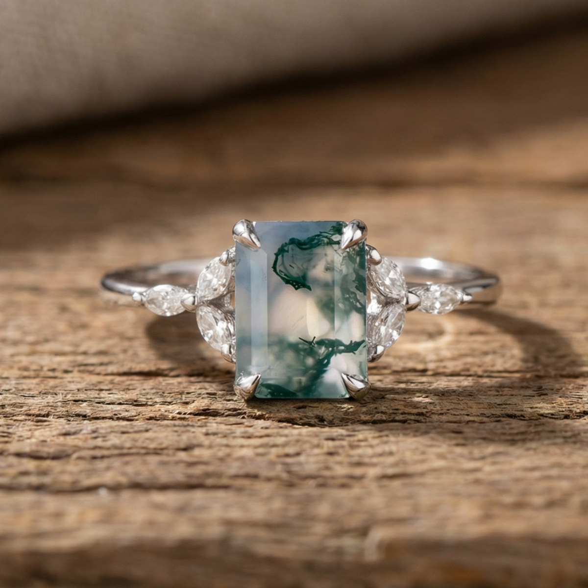 Moss Agate Cubic Stone Zirconia Ring
