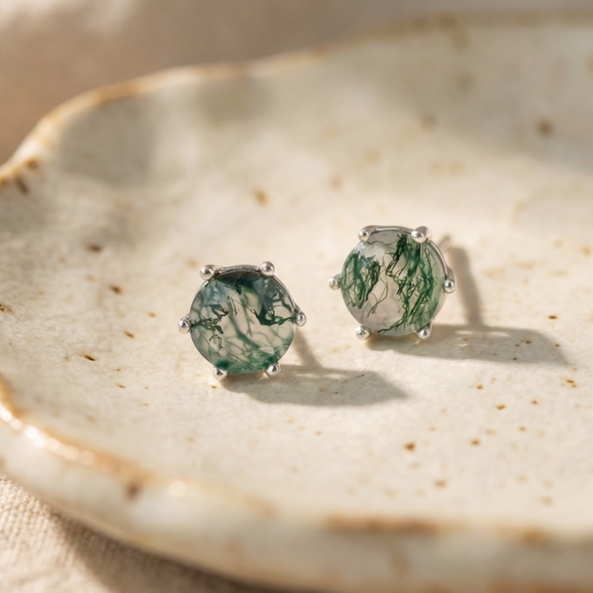 Moss Agate Rounded Stud Earrings