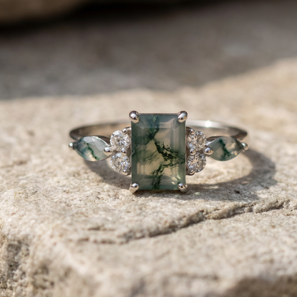 Moss Agate Cubic Crystal Ring