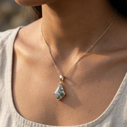 Moss Agate Geometric Drop Necklace
