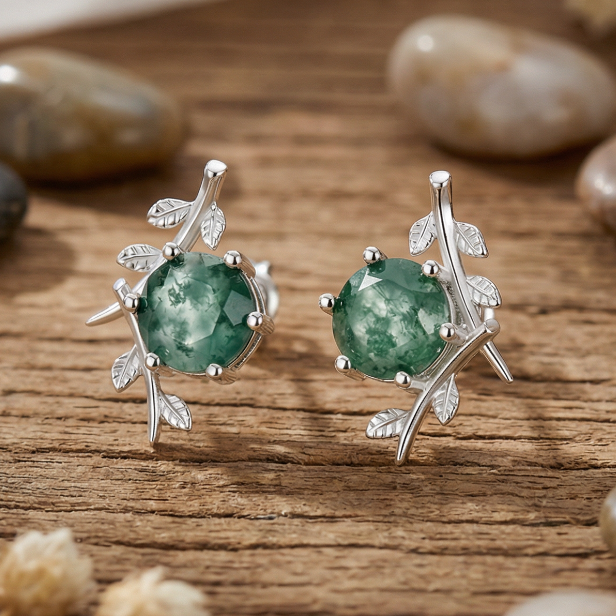 Moss Agate Silver Leaf Stud Earrings