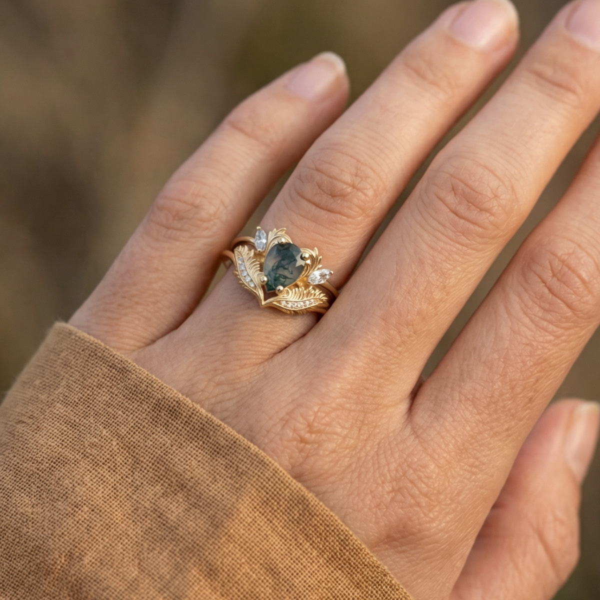 Drop Moss Agate Nature Gold Ring