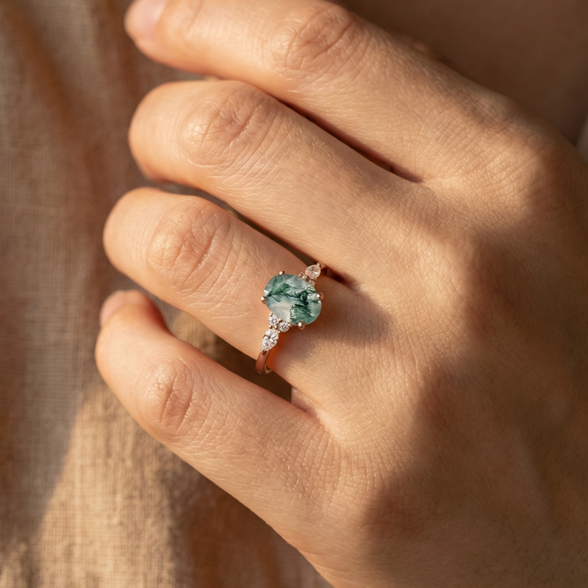 Rounded Moss Agate Zirconia Gold Ring