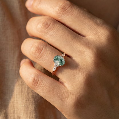 Rounded Moss Agate Zirconia Gold Ring
