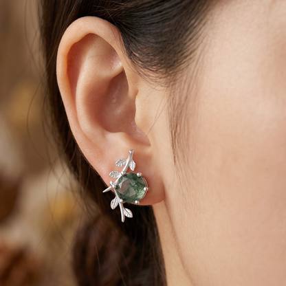 Moss Agate Silver Leaf Stud Earrings