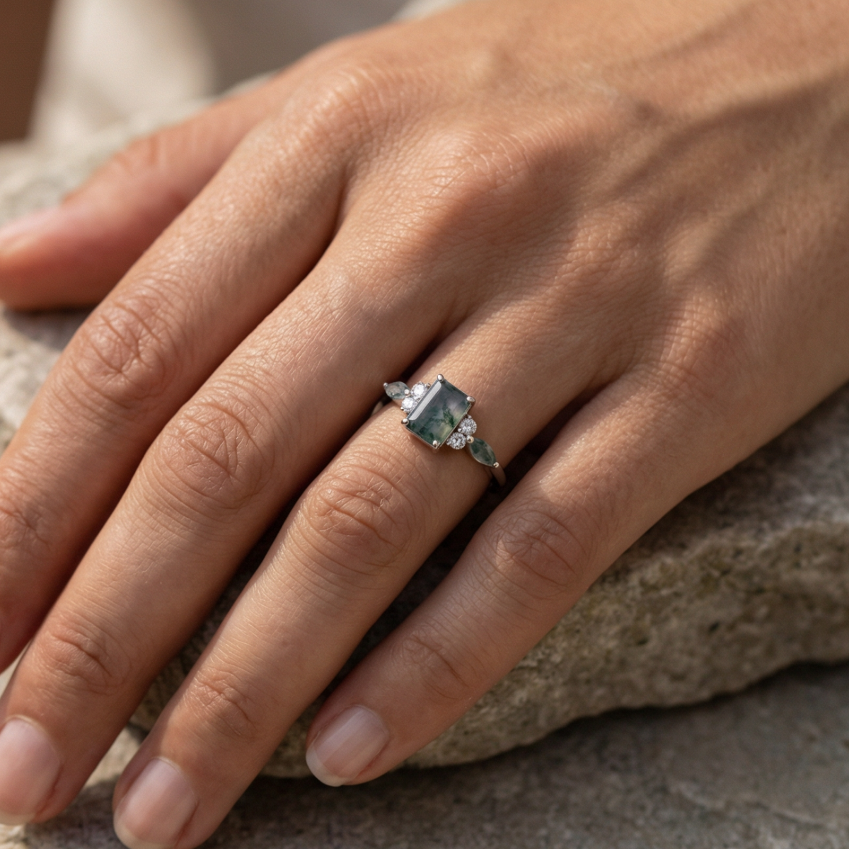 Moss Agate Cubic Crystal Ring