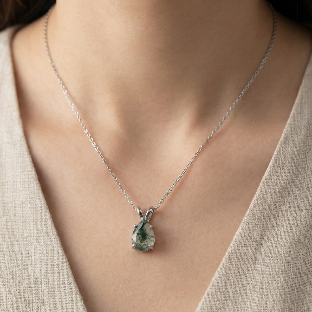 Moss Agate Nature Drop Silver Necklace