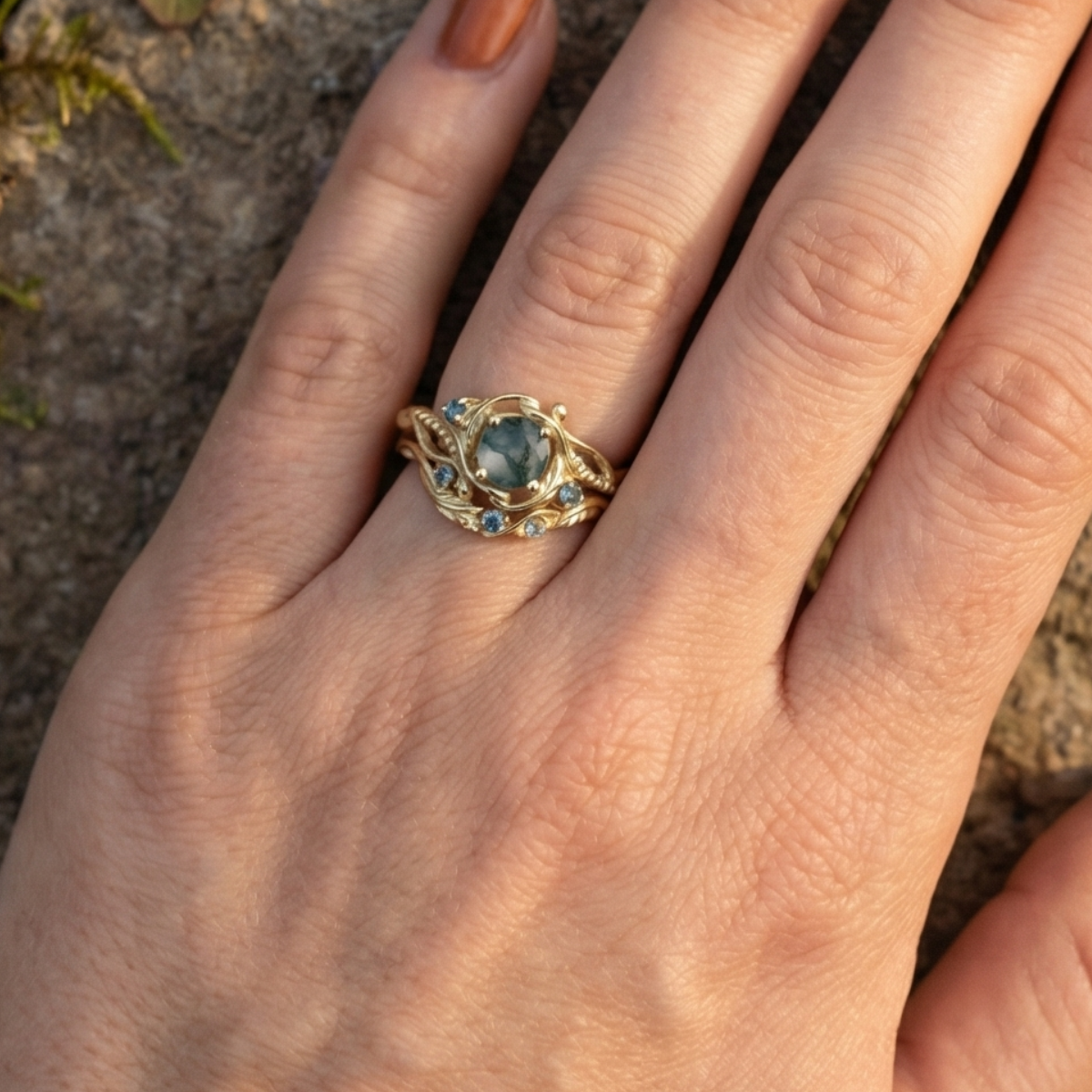 Rounded Moss Agate Nature Stone Golden Ring