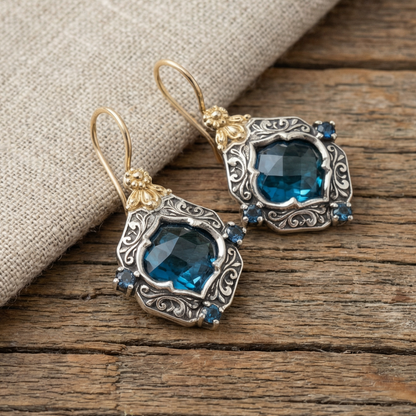 Vintage Blue Crystal Gold & Silver Earrings