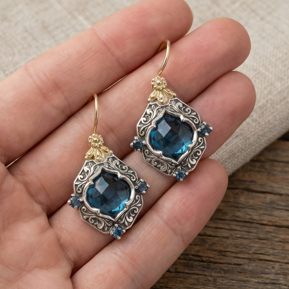 Vintage Blue Crystal Gold & Silver Earrings