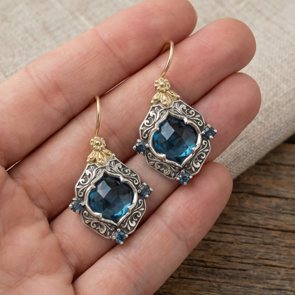 Vintage Blue Crystal Gold & Silver Earrings